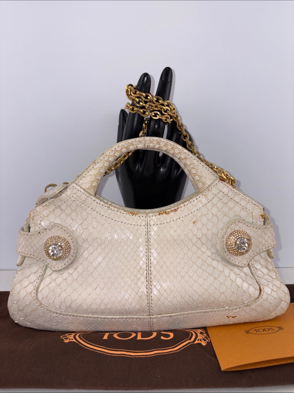 Vintage Tod’s Cream/Ivory Snakeskin Leather With Crystal Clutch Shoulder Bag